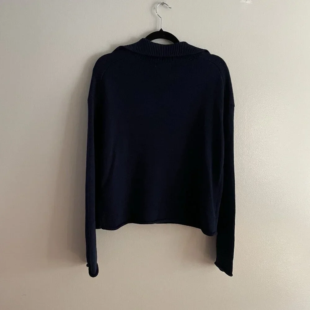 Maurices Women XS Navy Blue Preppy Coastal Relaxed Lace Up Collared Sweater NWT